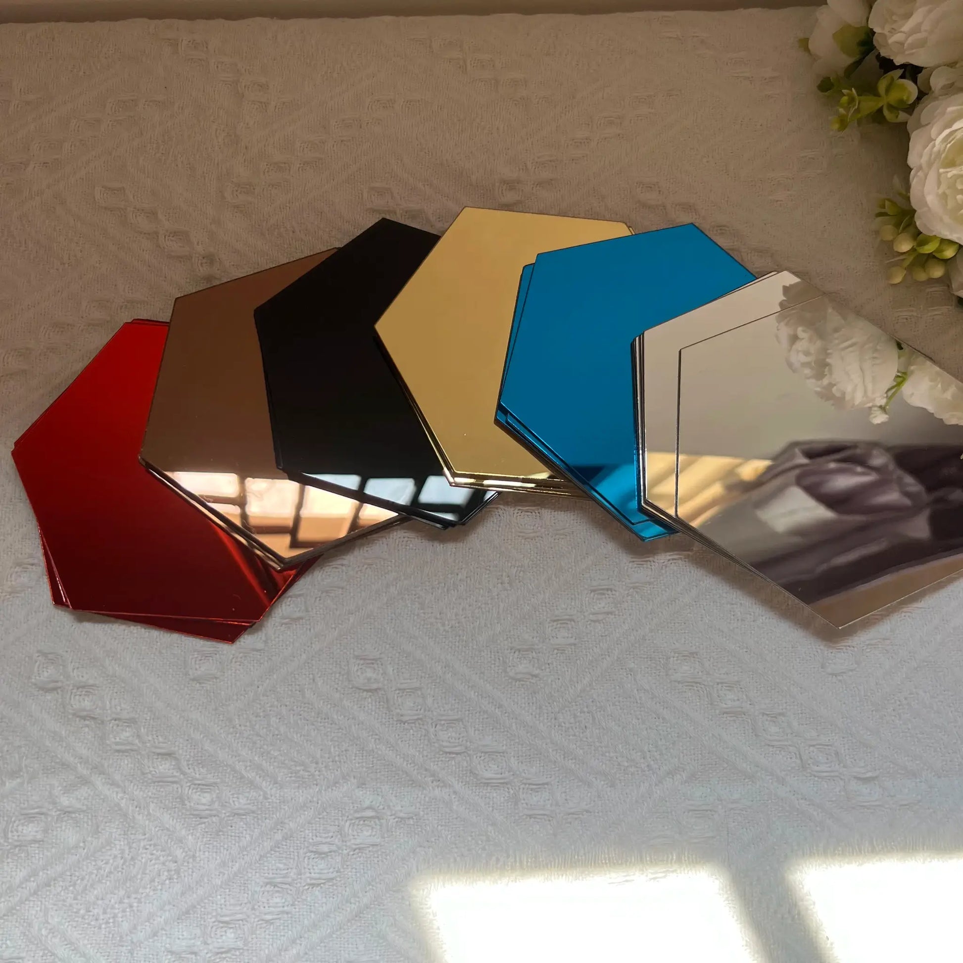 Simples Market 6/12pcs 3D hexagon mirror wall stickers set, 126mm each, multicolor red, brown, black, gold, blue, white