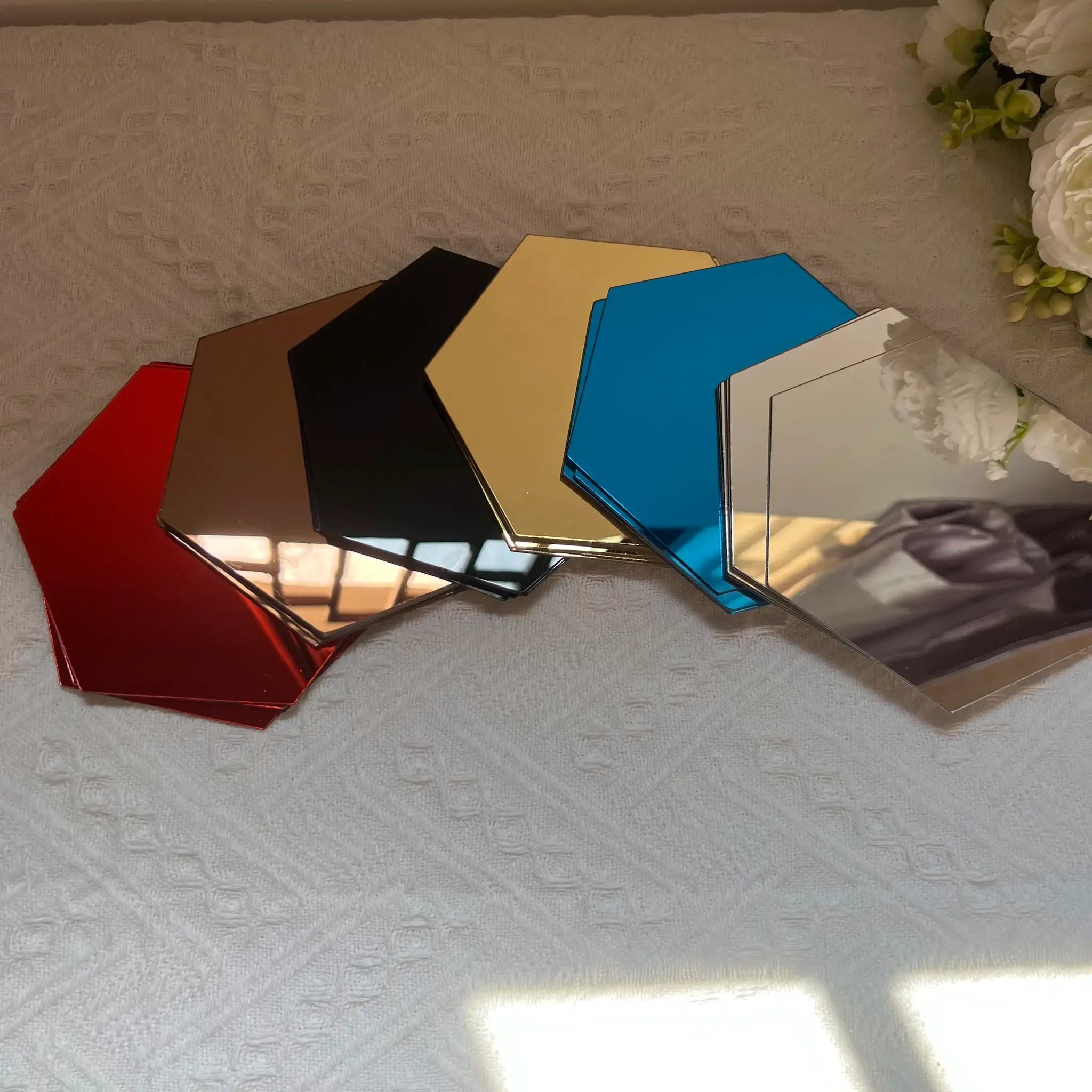 Simples Market 6/12pcs 3D hexagon mirror wall stickers set, 126mm each, multicolor red, brown, black, gold, blue, white