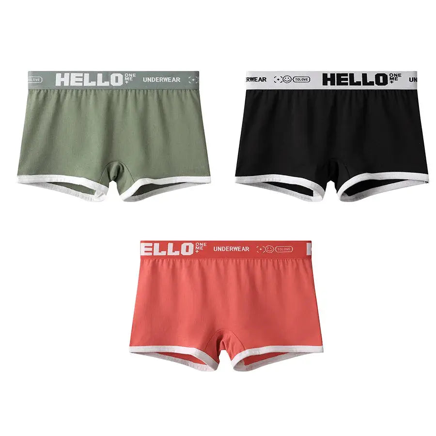 3-pack women's cotton boyshorts by Simples Market in olive green, black, and coral with white trim