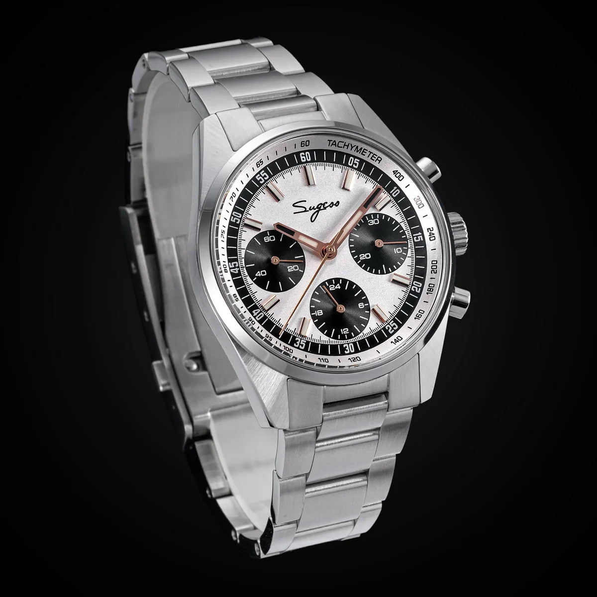Sugess men's 38mm chronograph watch with stainless steel bracelet, silver dial and black subdials