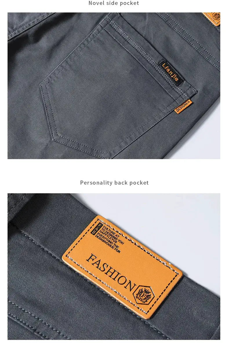 Men's gray cotton casual pants with back pocket and orange fashion label patch