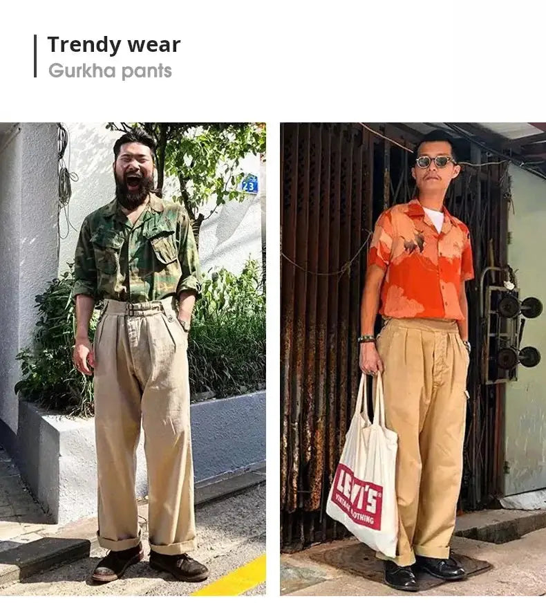 Khaki Gurkha pants on two models with high-waist, wide-leg cargo style; Levi's tote bag shown.