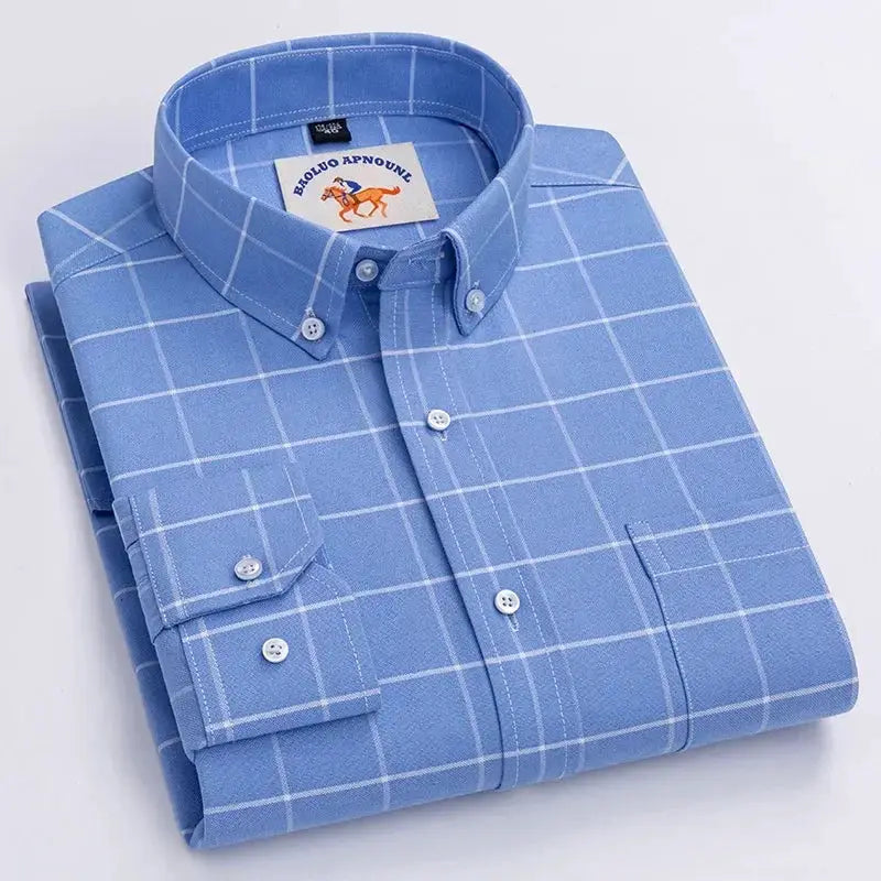 Blue cotton oxford shirt with white windowpane pattern, long sleeve, button-down collar, Simples Market