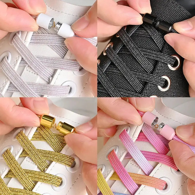 Simples Market no-tie elastic shoelaces with metal tips in white, black, gold, and pink options for sneakers