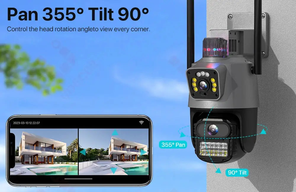 Outdoor Wifi PTZ Camera by Simples Market, gray dual-lens 4K/8MP with 355° pan and 90° tilt; phone app view.