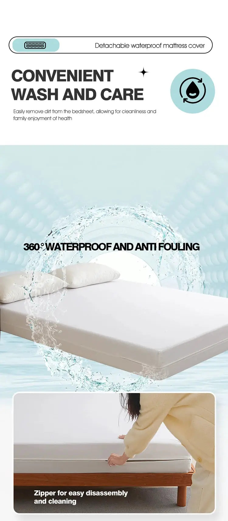 Waterproof mattress protector by Simples Market with zipper; breathable, noiseless, anti-mite; queen/king size.