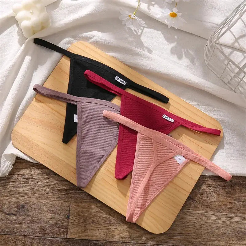 Simples Market women's seamless cotton low-rise thong set, 5-pc in black, burgundy, mauve, pink, and peach
