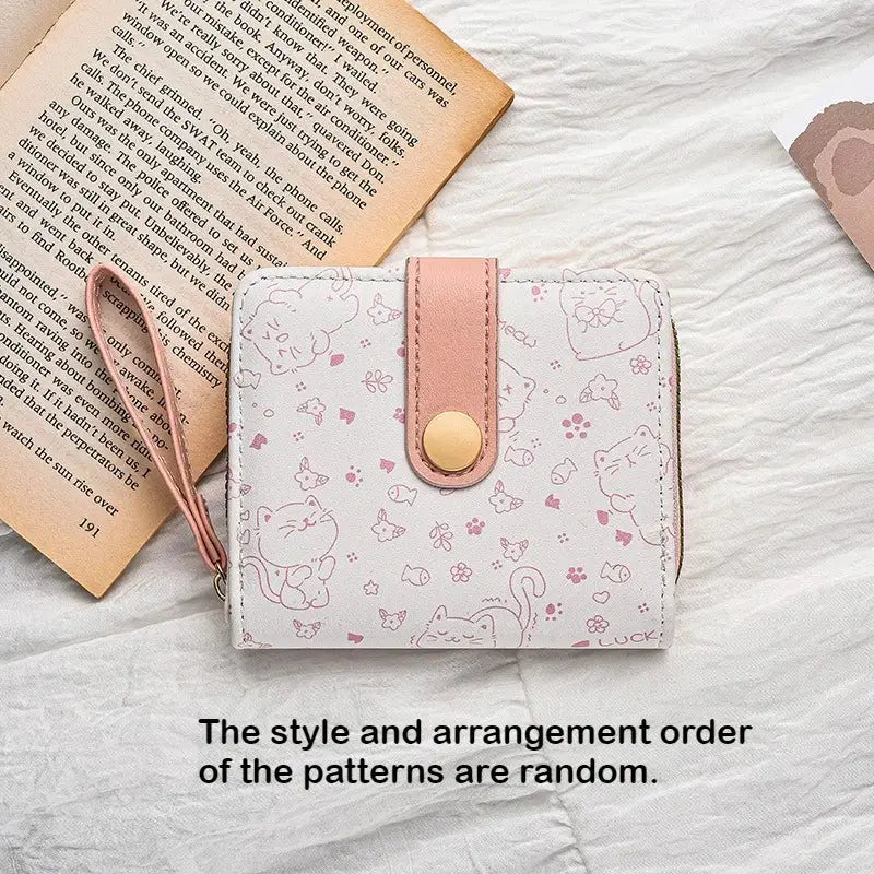 Cat-pattern wallet for women by Simples Market with pink strap, gold snap, and zipper