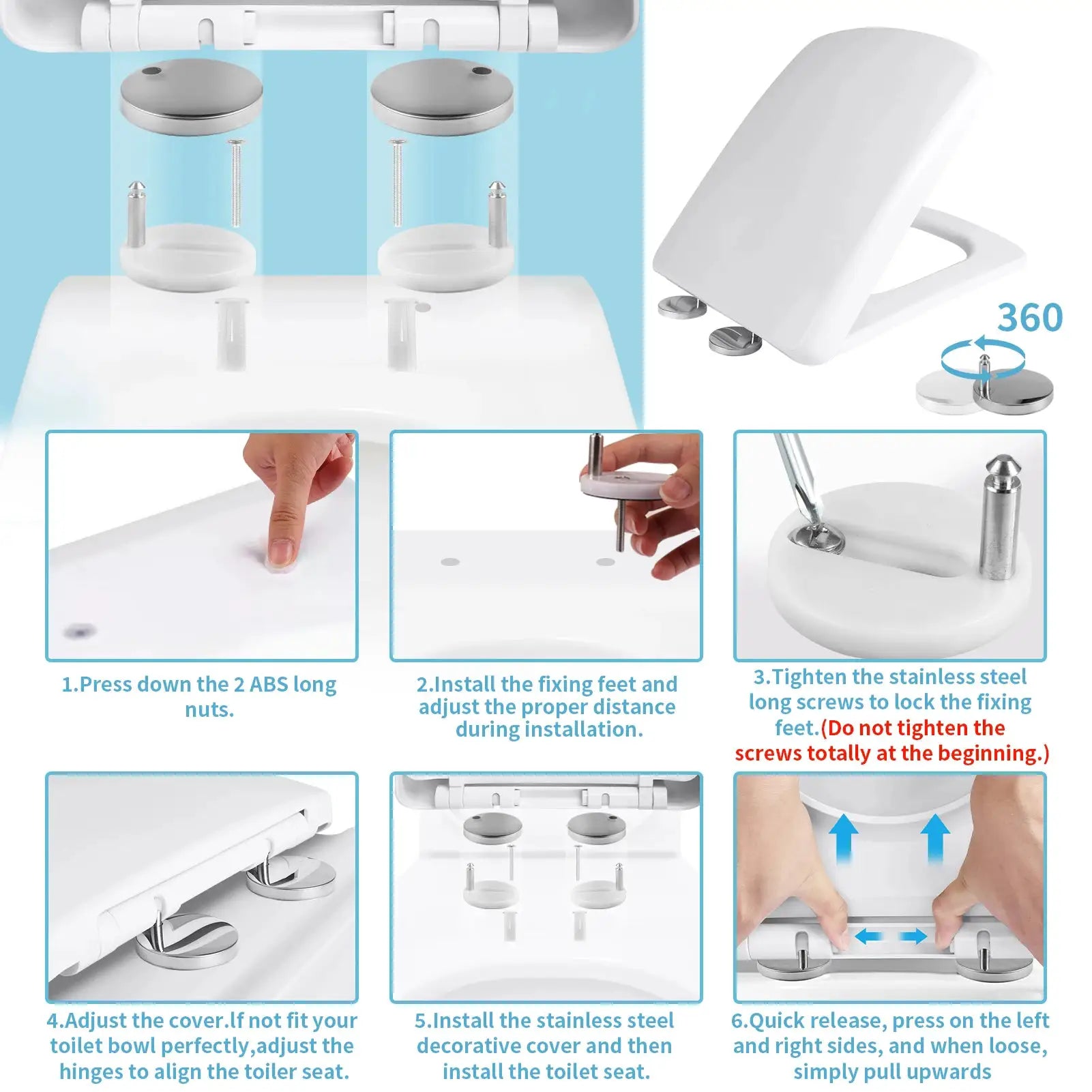 White toilet seat with soft-close, adjustable hinges by Simples Market and installation hardware