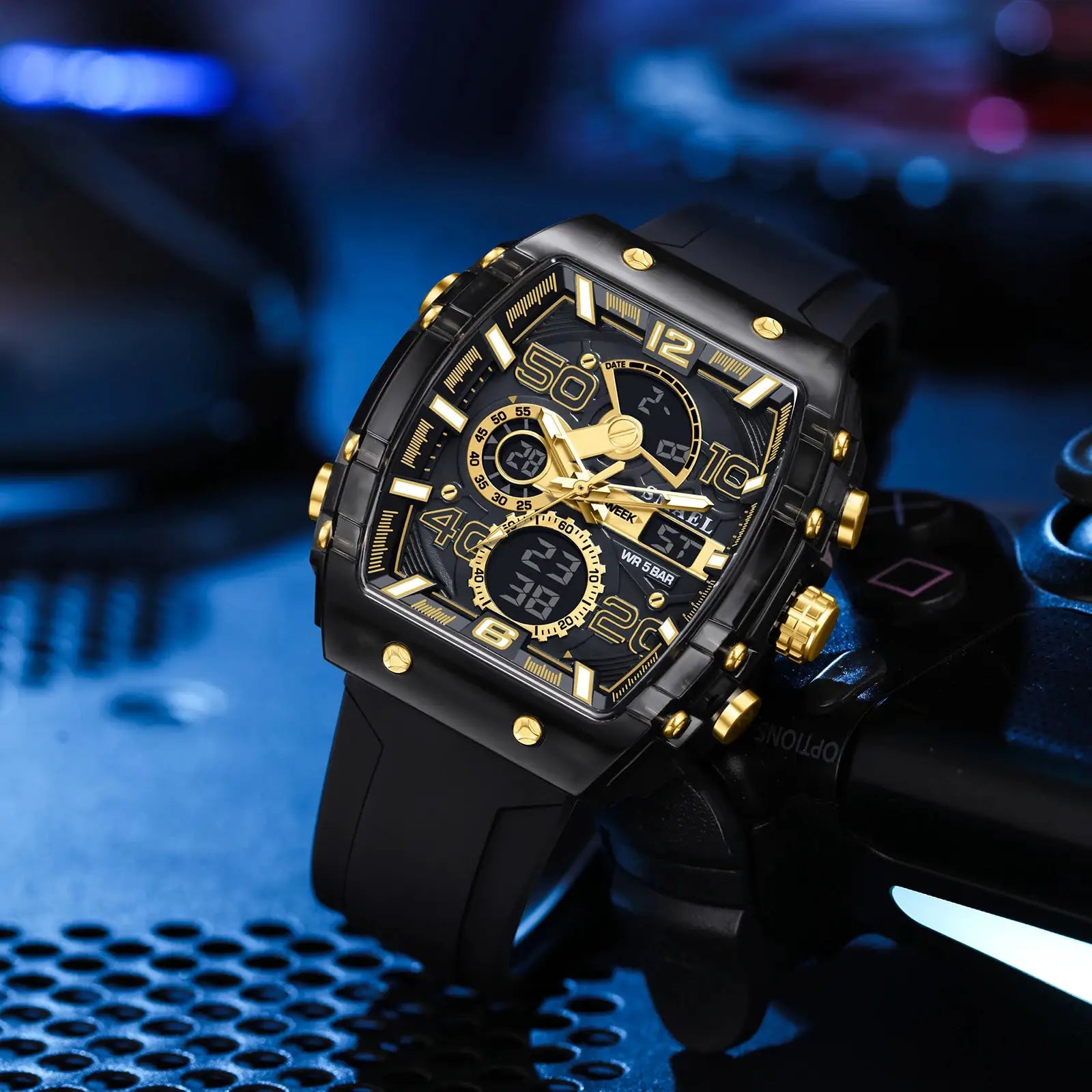 SMAEL 8109 men's square dual-display sport watch with black case, gold-tone accents, silicone strap