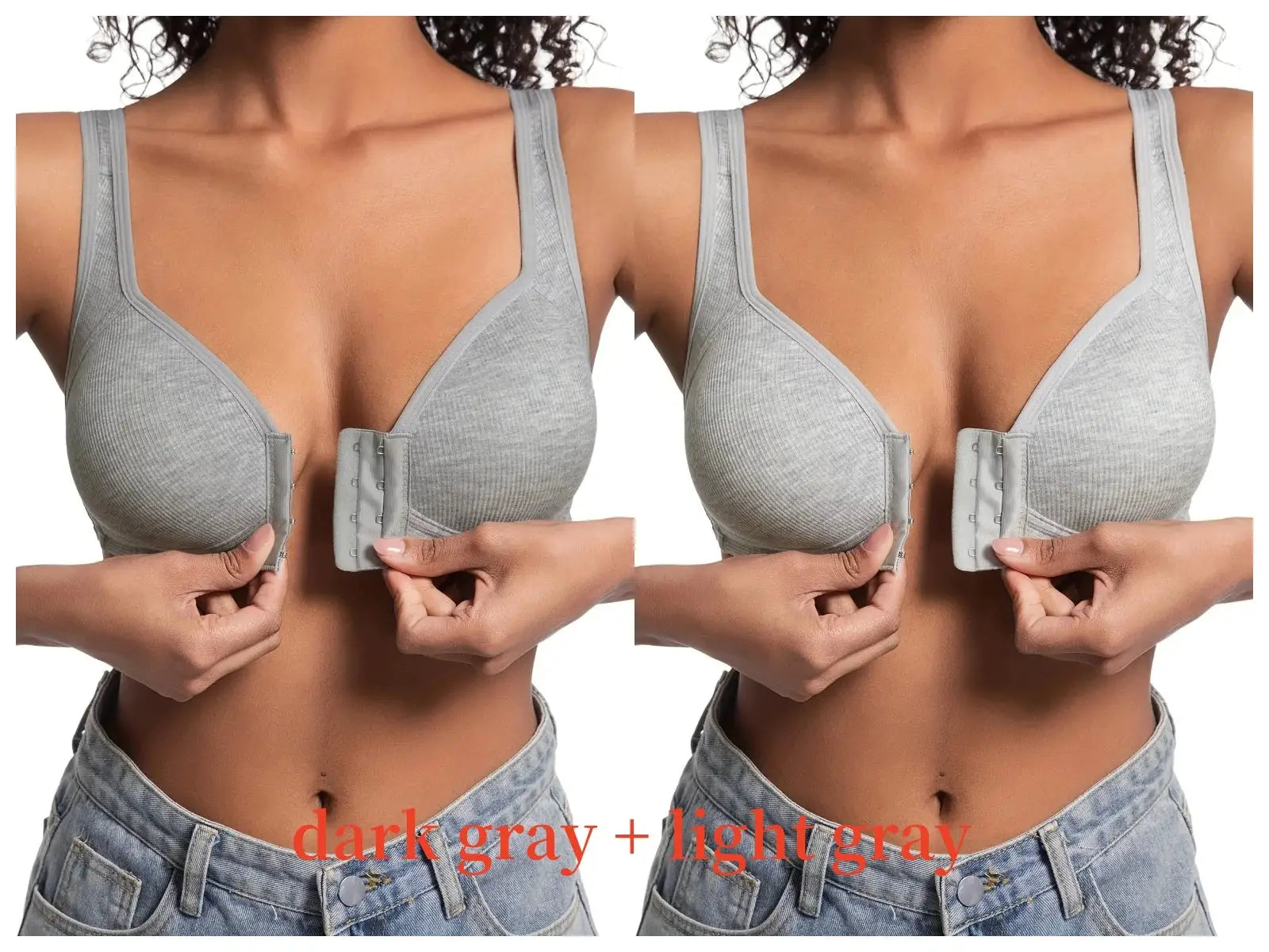 Women's wire-free front-closure bra in gray with full-coverage cups, 2-pack
