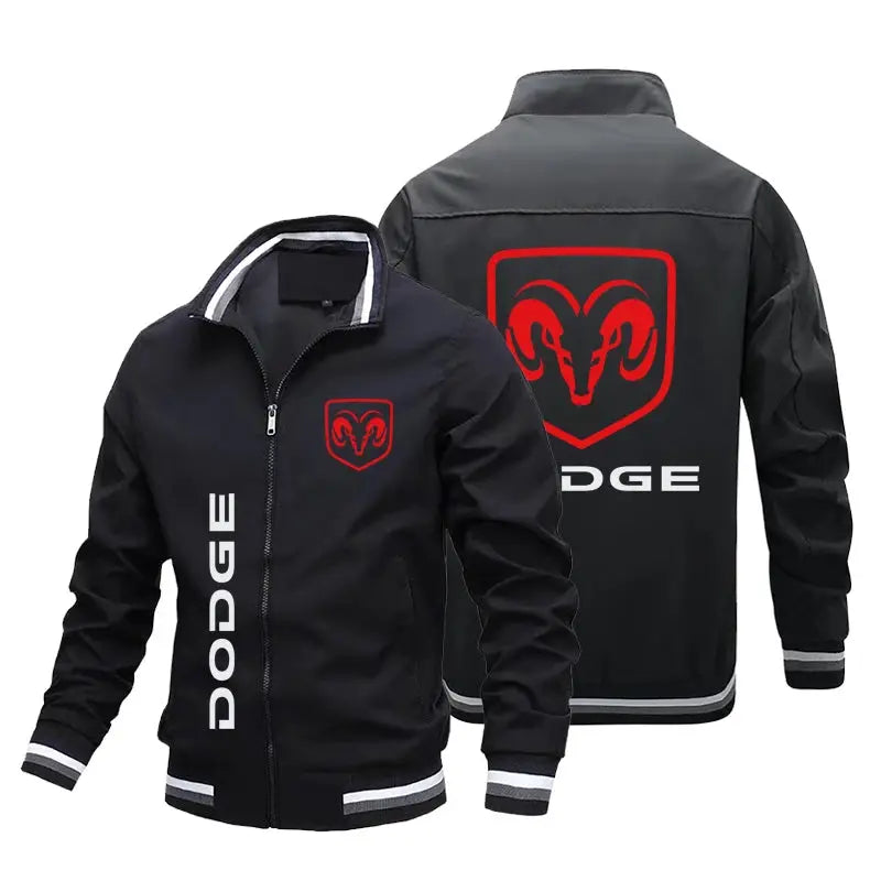 Men's black Dodge logo bomber jacket with red ram shield on chest and large back emblem, zip front.