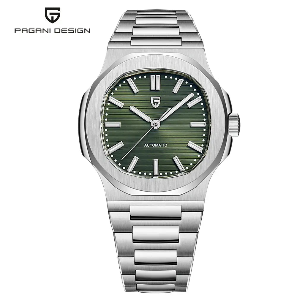 PAGANI DESIGN automatic men's watch with green dial and stainless steel bracelet.