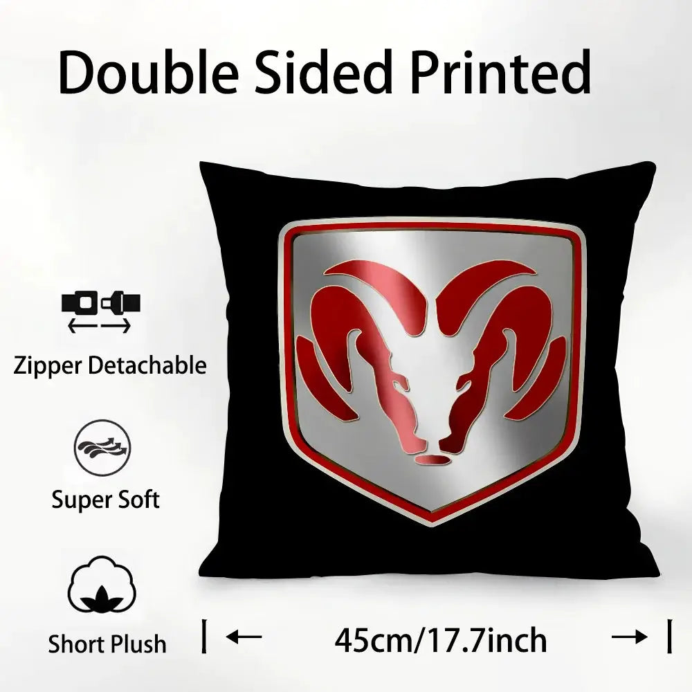 D-Dodges car logo pillow case in black plush fabric with double-sided shield ram emblem