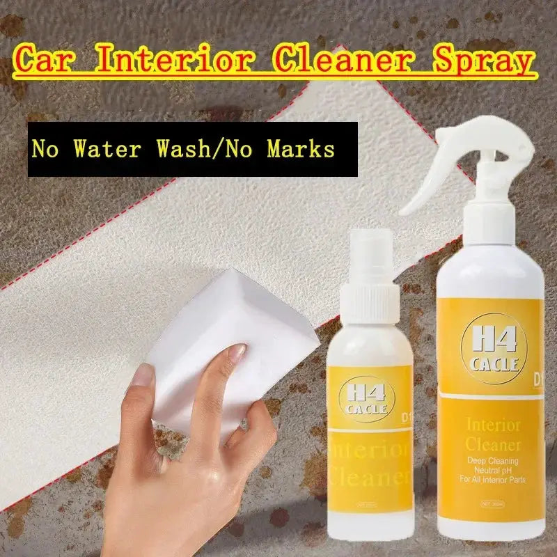 Two H4Cacle car interior upholstery cleaner spray bottles with yellow labels used on car seats.