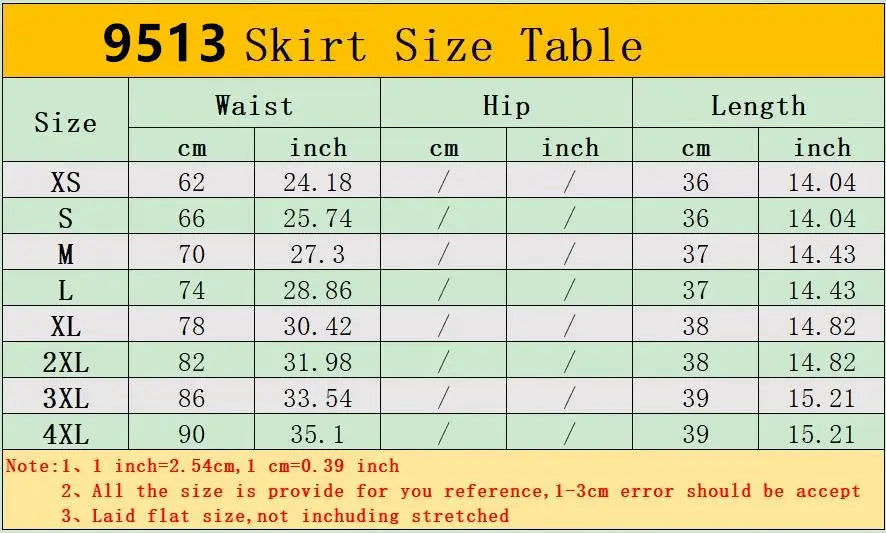 Harajuku punk black skirt size table 9513 by Simples Market; waist and length measurements shown.