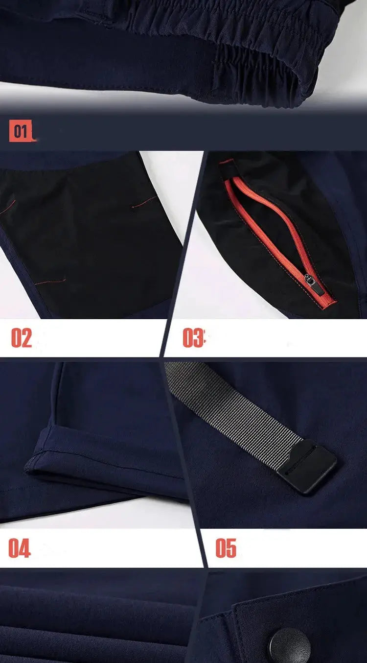 Tactical waterproof cargo pants, navy blue, quick-dry fabric, red zip pocket detail, Simples Market