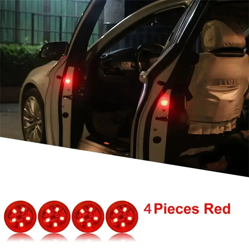 LED car door safety warning lights, 4 red LEDs with magnetic sensor for anti-collision