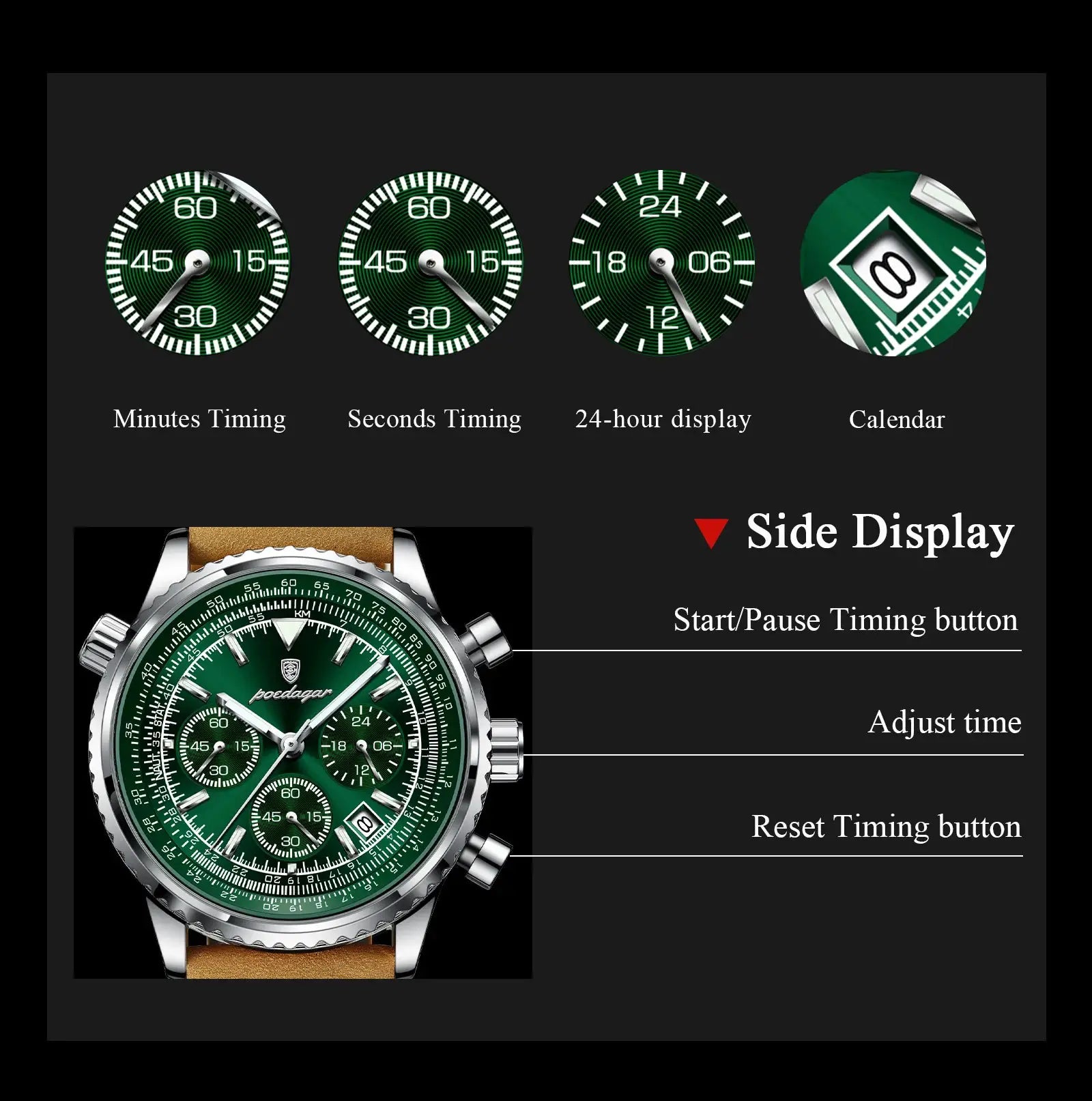 POEDAGAR men's wristwatch with green dial, brown leather strap and chronograph features