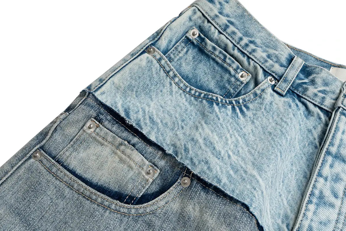 Patchwork denim jeans by Simples Market, light-blue double-waist patchwork, baggy straight-cut fit
