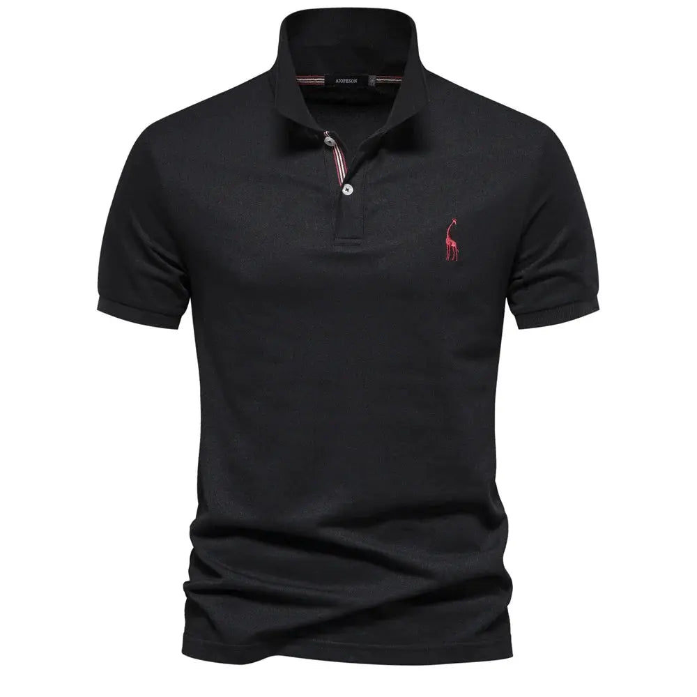 Men's black cotton polo shirt with short sleeves and red embroidered emblem on chest, striped placket detail.