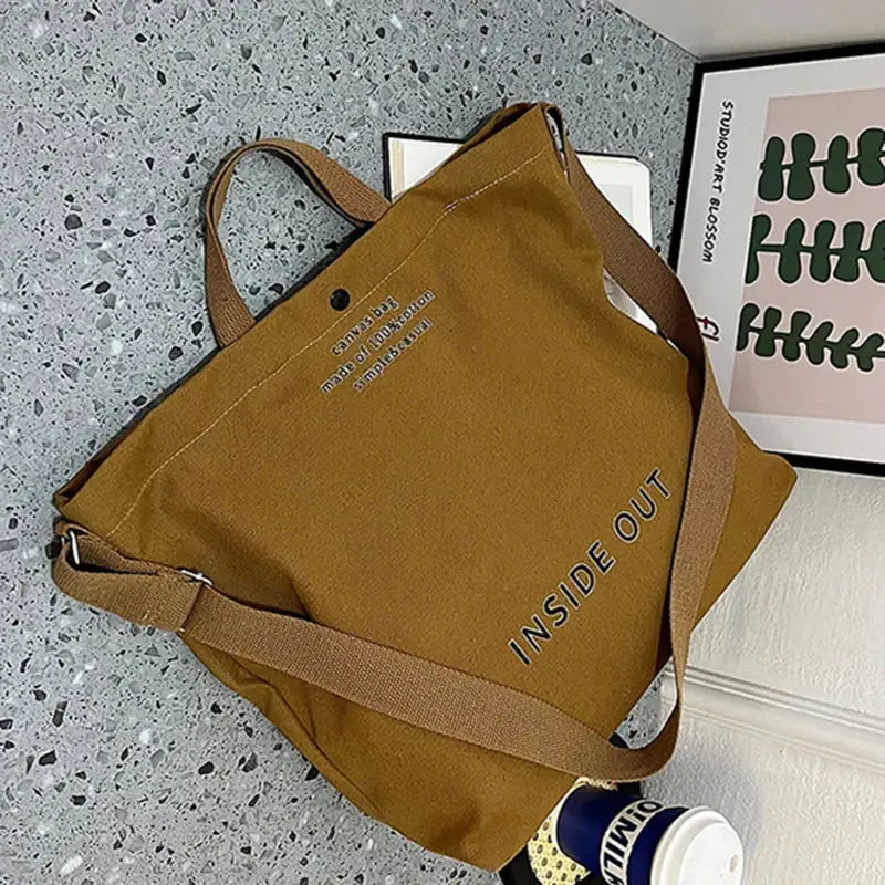 Simples Market brown canvas crossbody bag, large capacity, adjustable strap