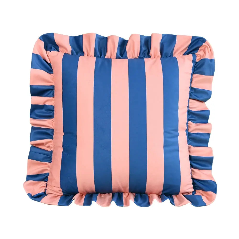 Pillowcase: pink and blue striped velvet with ruffled edges, 18x18 inches