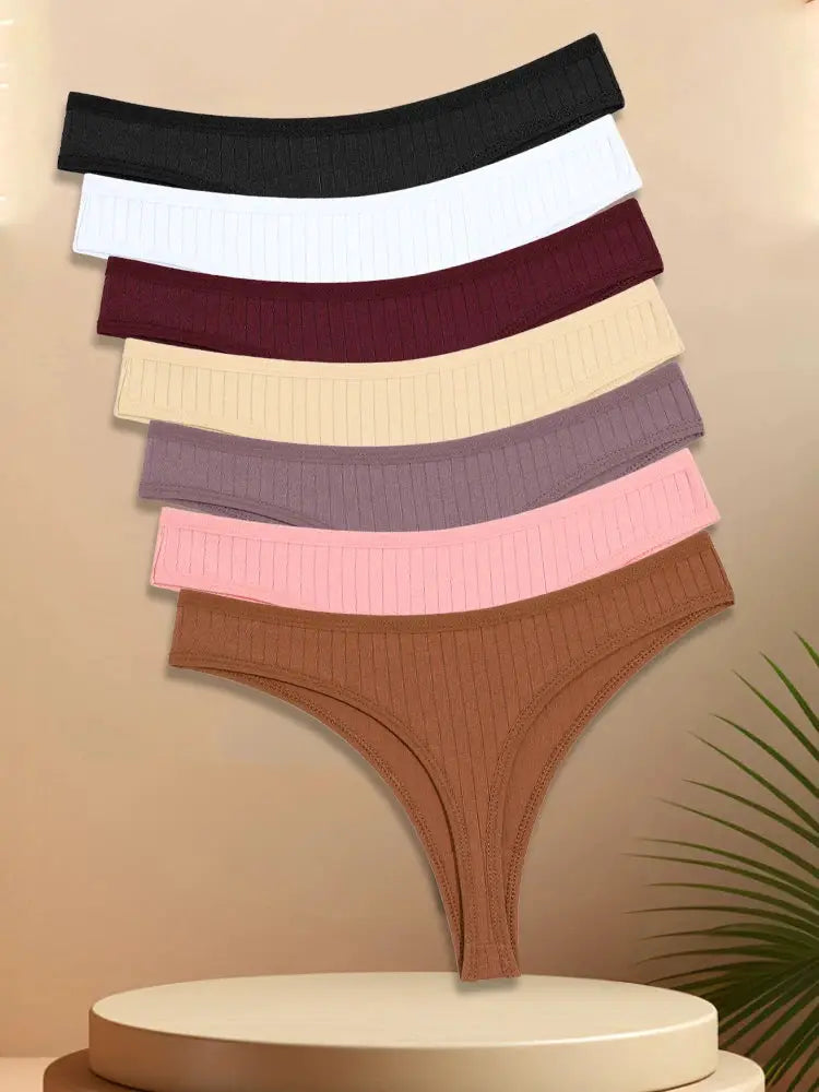 Simples Market 7-pack cotton striped thongs, low-waist G-string underwear in assorted colors