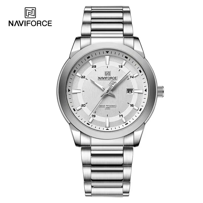 Naviforce men's stainless steel watch with silver dial, date window, 30m water resistance.