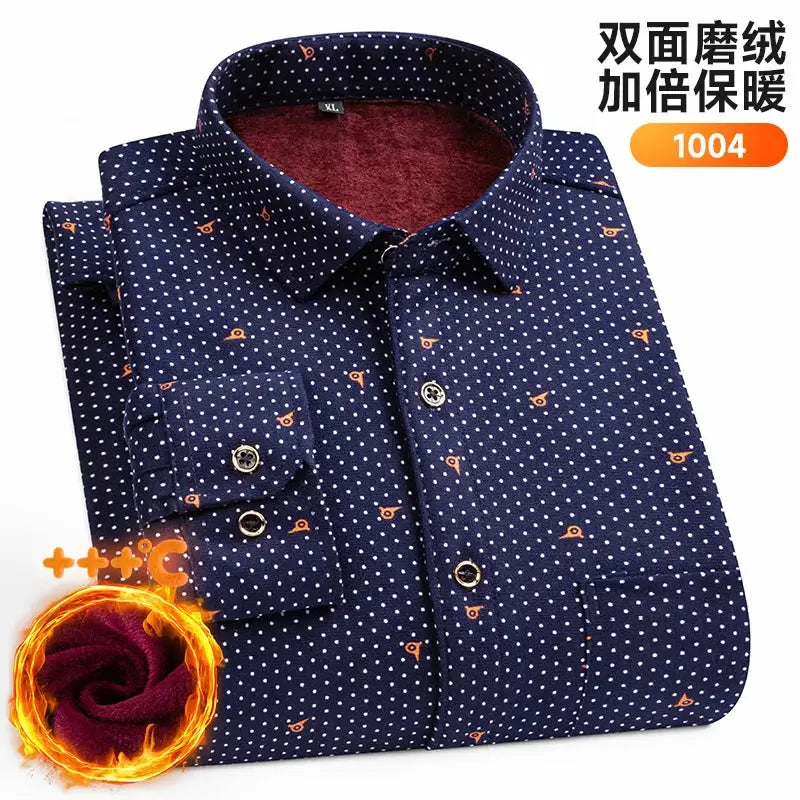 Men's navy long-sleeve shirt with white dots and orange accents, double-sided fleece with burgundy lining, Simples Market