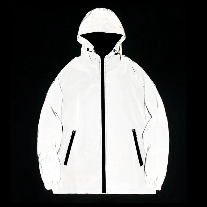 White hooded jacket by Simples Market with black zipper and zip pockets
