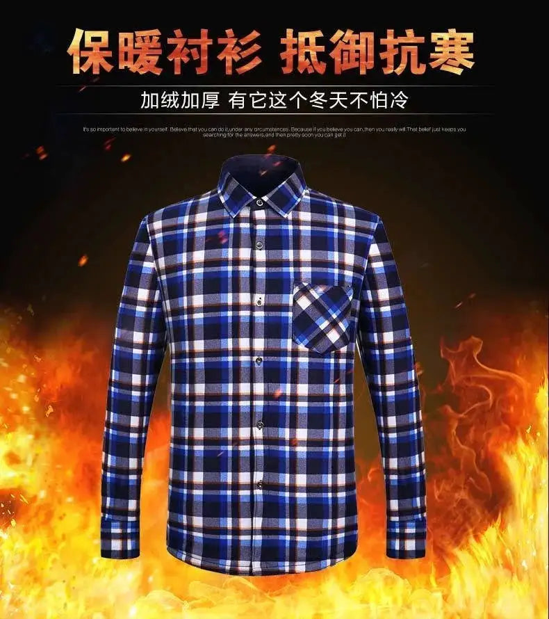 Men's blue plaid flannel fur-lined long-sleeve shirt by Simples Market, chest pocket