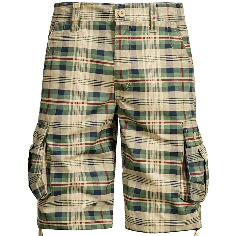 Men's plaid cargo shorts by Simples Market, beige-green navy check cotton summer beach shorts with side cargo pockets