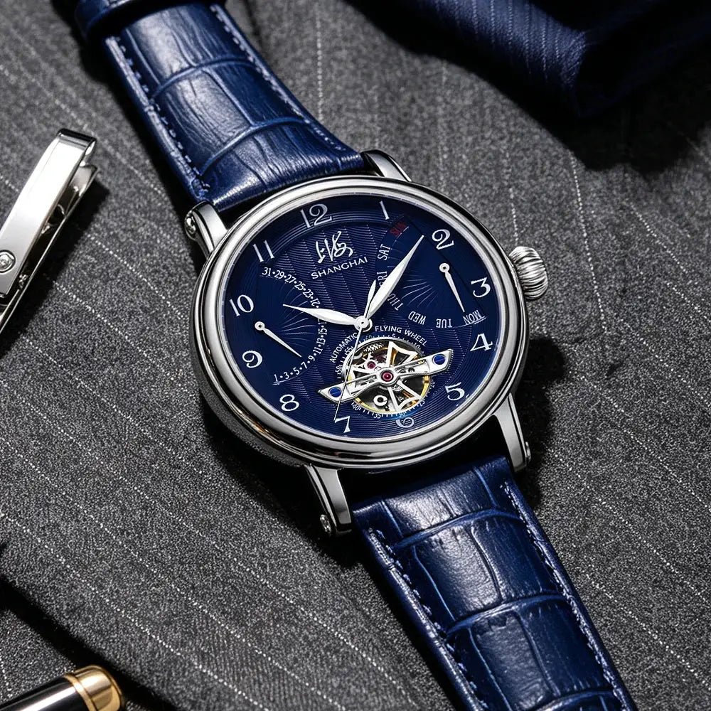 Shanghai Watch 42mm automatic mechanical timepiece with blue dial, stainless steel case, blue leather strap