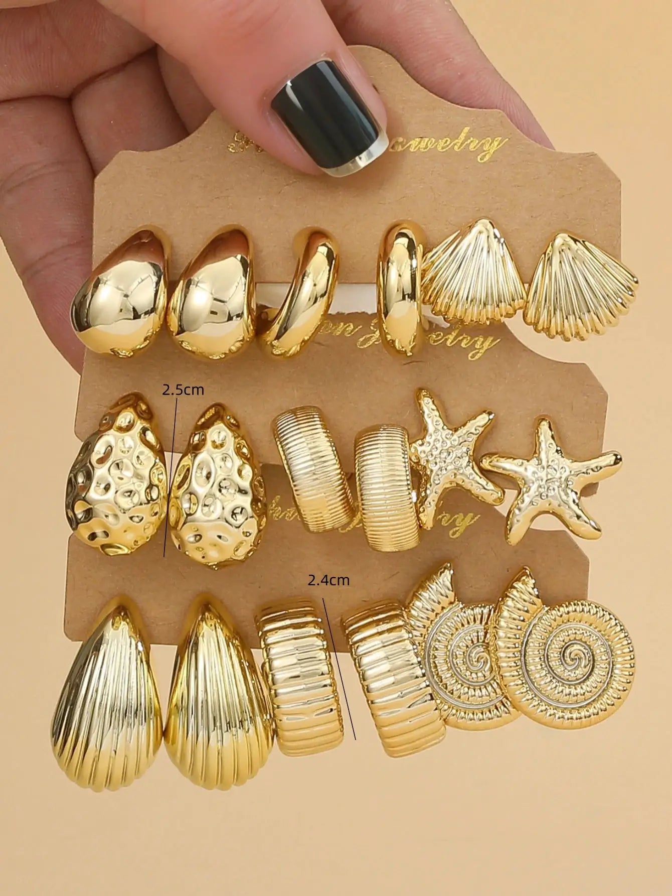 Simples Market gold-tone earring set featuring seashell, starfish, and water-drop designs; 6 pairs