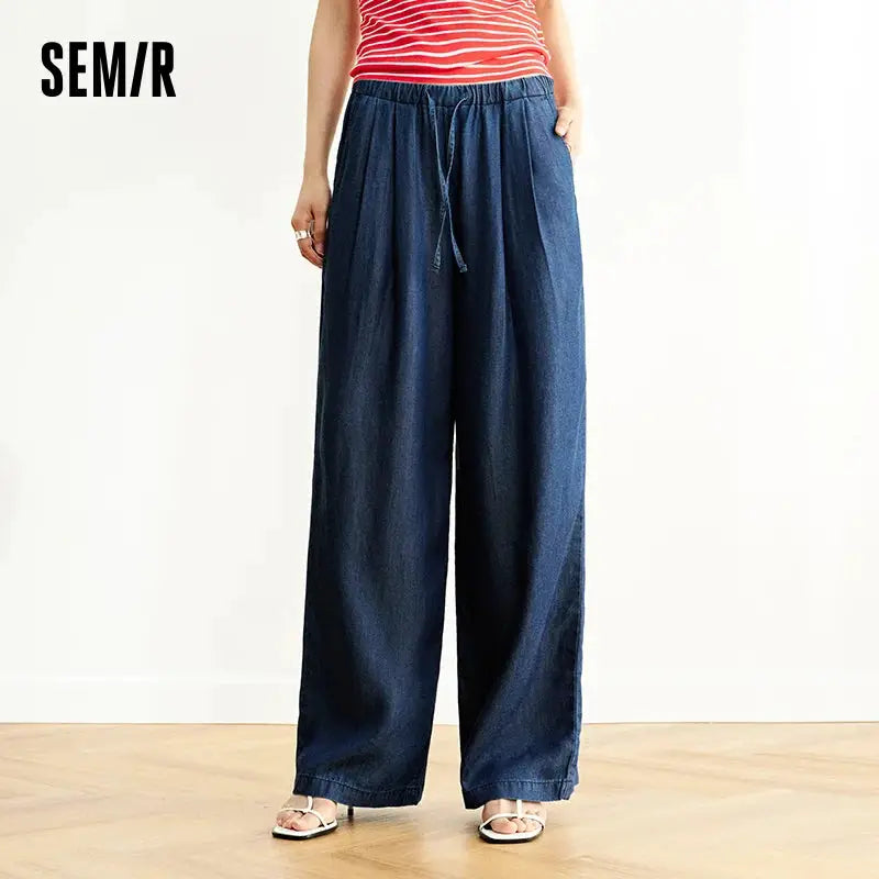 Semir Elastic Waist Denim Pants Women Draped Fit Wide Leg Trousers