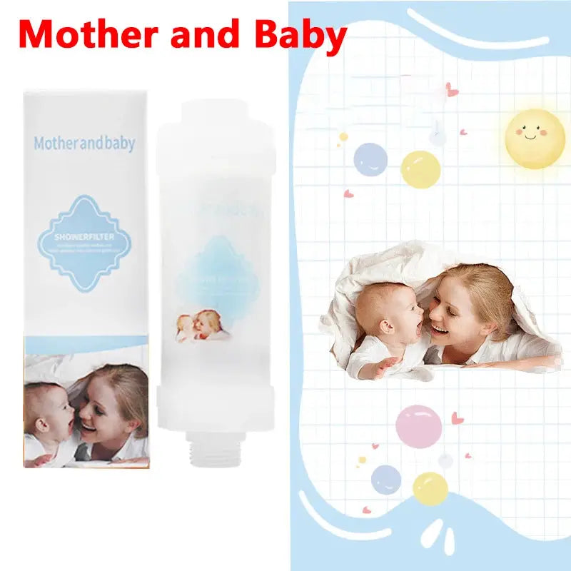 Simples Market shower filter cartridge for water softening; white bottle and box with mother‑and‑baby image.