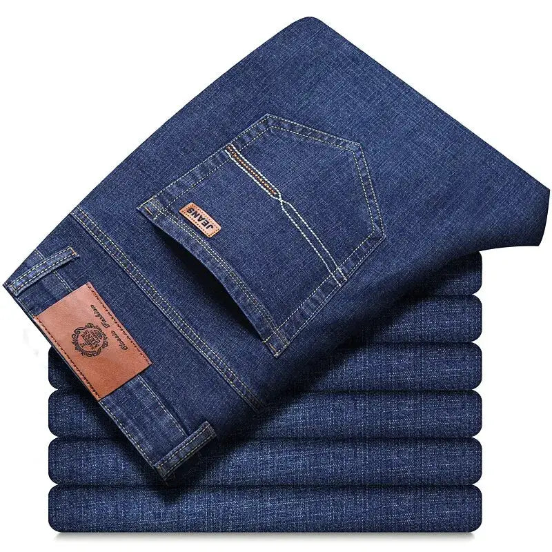 Men's classic denim jeans, dark blue, leather patch, stacked 6 pairs