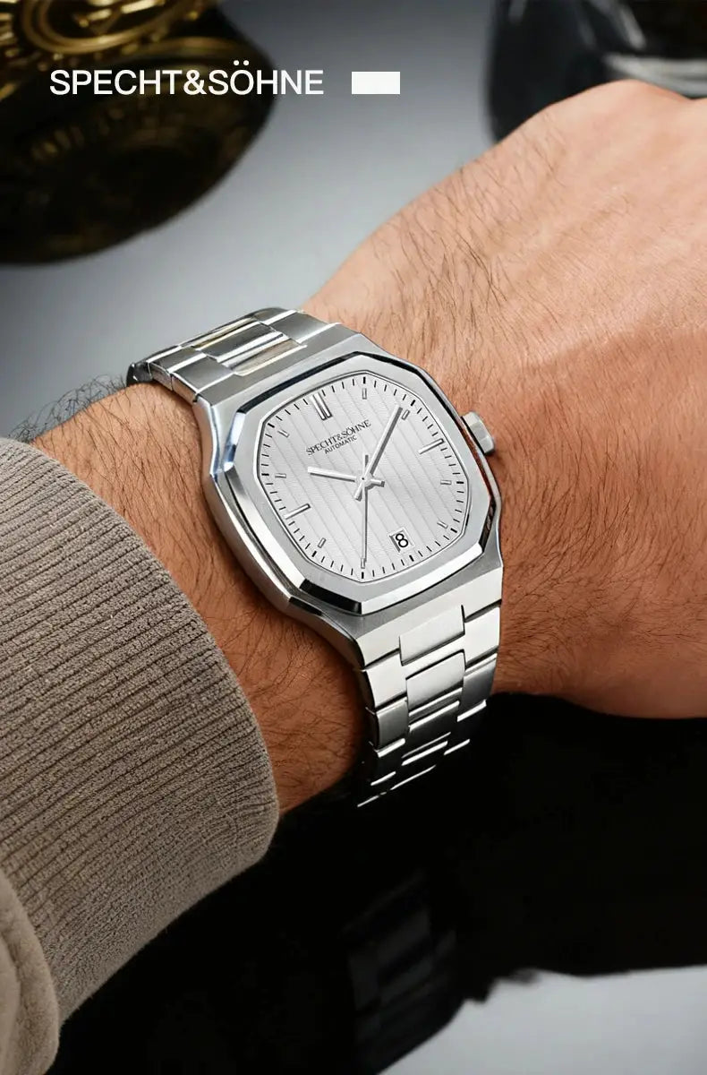 Specht&Söhne men's 37mm stainless steel automatic watch with silver dial, date window, 50m water resistant