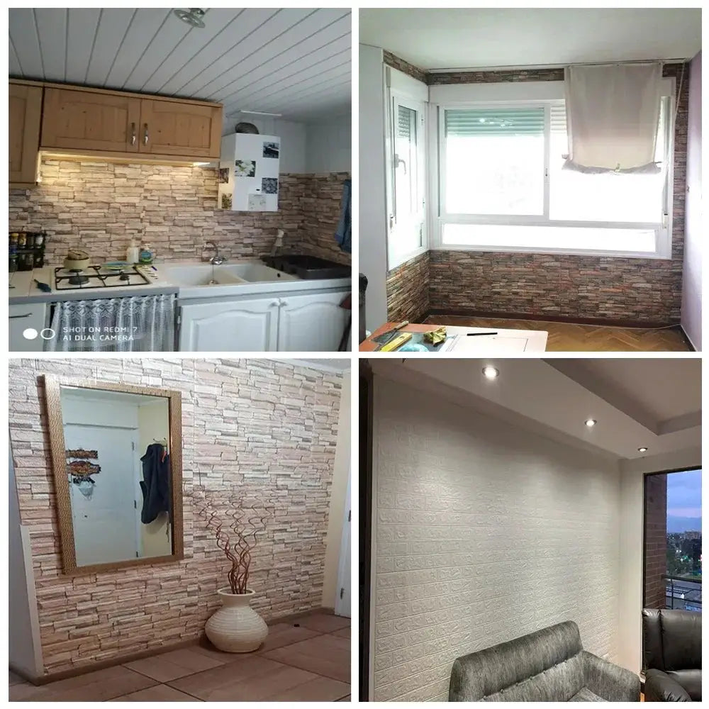 10pcs self-adhesive 3D foam brick wall stickers for interior decor; peel-and-stick, waterproof beige-brown brick pattern