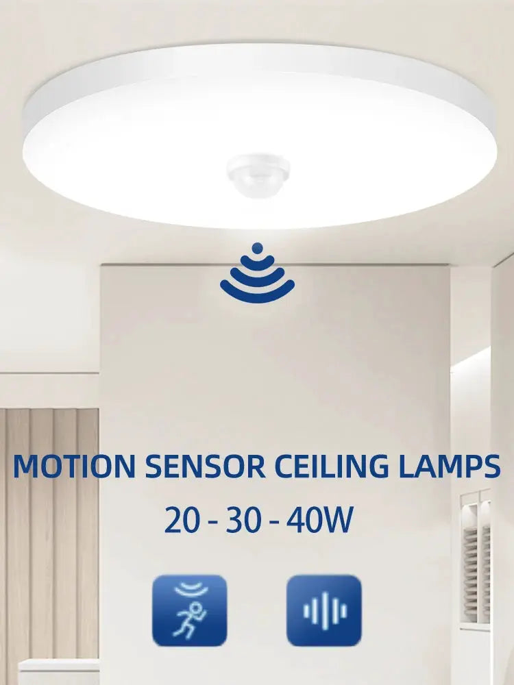 Motion sensor ceiling lamp, round white LED fixture, 20/30/40W, 110-220V