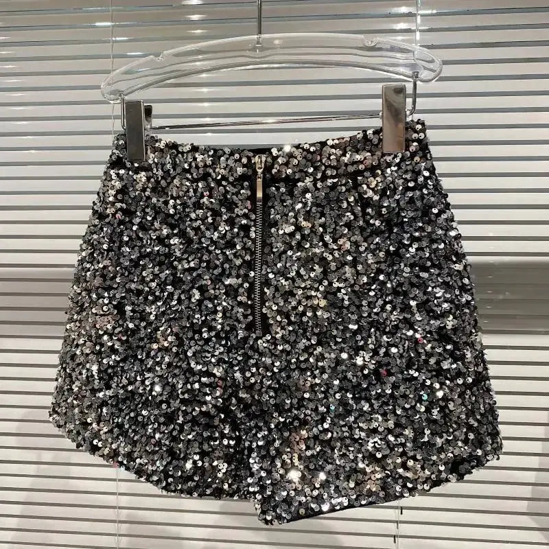Simples Market black sequin shorts with front zipper, shiny clubwear hot pants