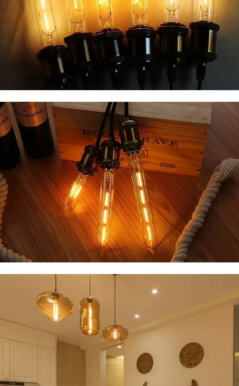 Retro Edison light bulbs with warm amber filaments for E27 hanging pendants.