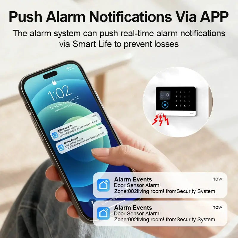 Wireless home security alarm system with smartphone push alerts and wall keypad panel