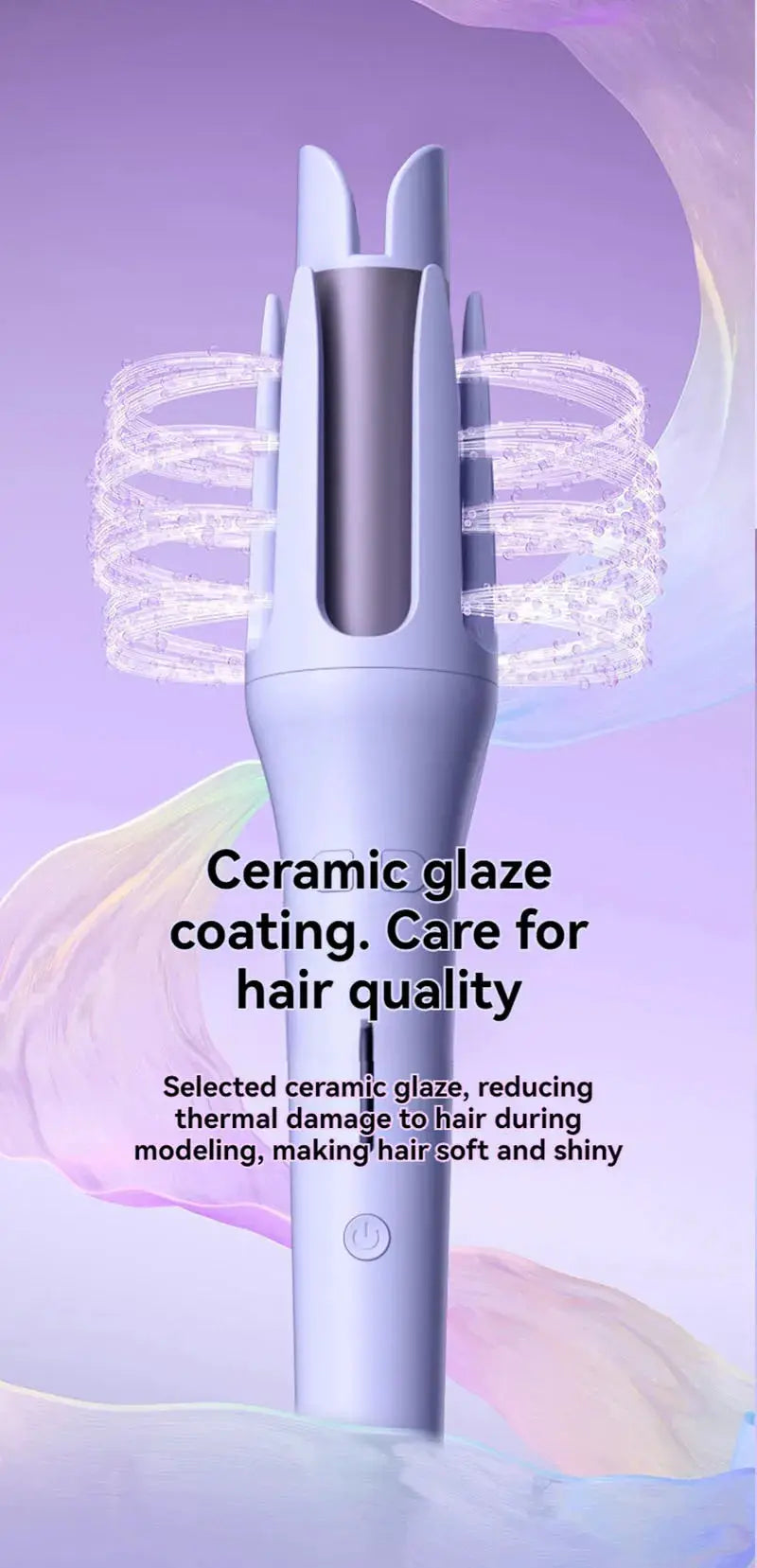 Automatic hair curler in lavender with ceramic glaze coating, portable mini electric design.
