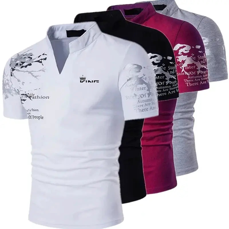 Men's polo shirts set of five with graphic prints and KING logo; white, black, burgundy, purple, and gray