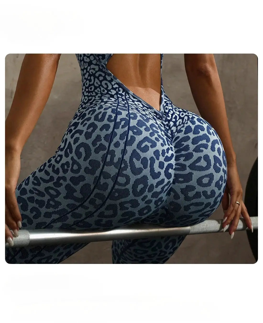 Leopard print women's yoga jumpsuit, backless one-piece athletic overalls in blue tones for fitness