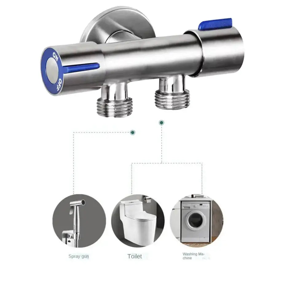 Simples Market stainless steel angle valve with 1 inlet and 2 outlets, dual blue handles
