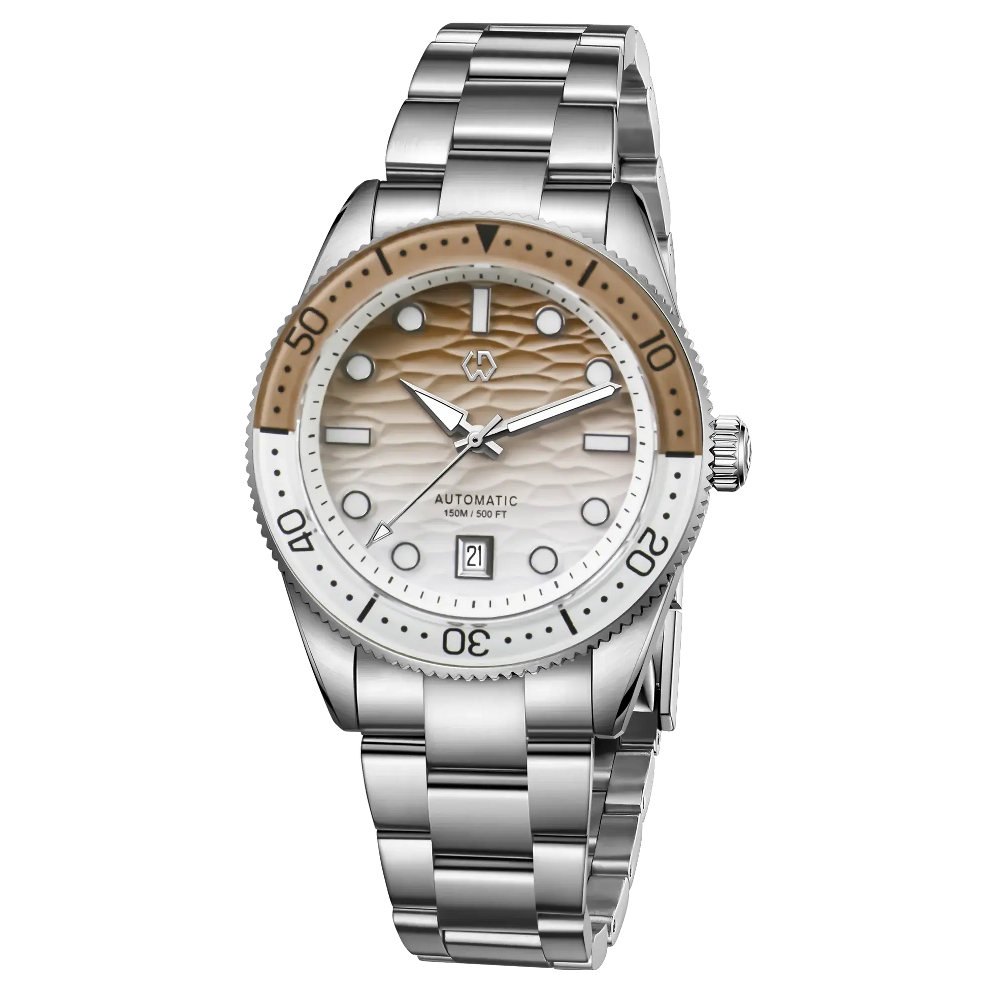 WISHDOIT men's automatic dive watch; stainless steel bracelet, beige bezel, ripple dial, date window