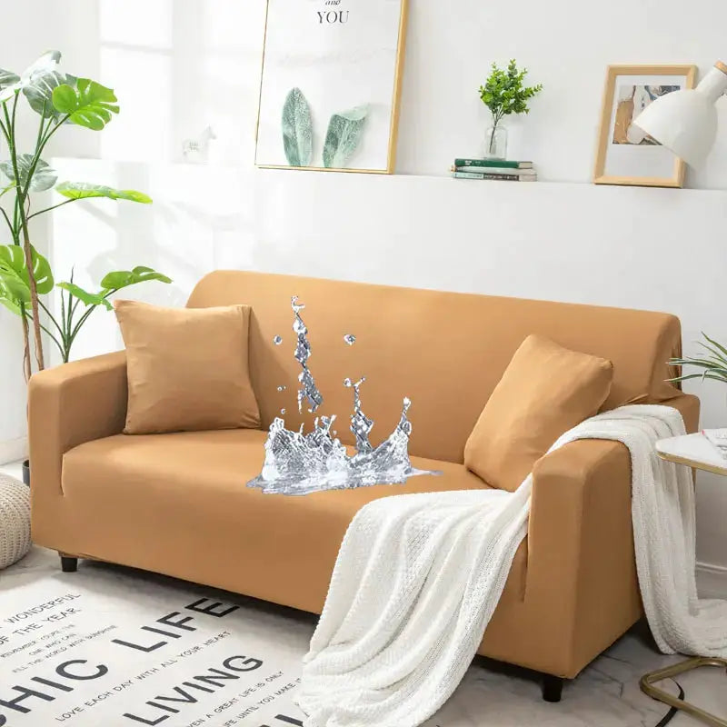 Sofa slip cover Simples Market; waterproof stretch fabric in tan for 2–4 seat sofa